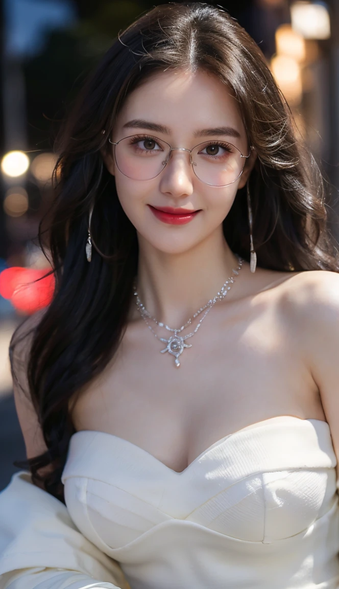 (Canon RF85mm f/1.2), (8K, RAW photos, best quality), (masterpiece), (actual, photograph actual), (Very detailed, High Detail, Best image quality, Super detailed, high resolution, Very detailed, Very detailed的描述, Ultra-fine, Extremely exquisite and beautiful work), Beautiful and delicate girl, Solo Girl, ((Perfect body)), Very detailed eyes and face, White skin, Noble beauty, ((The skin texture is delicate, Pores)), Perfect anatomical structure, Beautiful body, Delicate face, Slim abs, Slim waist), Big Ass, (Large Breasts, Breast enlargement), (Cleavage), (affectionate gaze, soulful eyes, Glowing eyes), (beautiful and clear eyes), (Bounce Curly Messy Long Hair), (Smile:1.2), (fascinated expression), (Attractive appearance), ((Cardigan,Strapless wedding dress)), ((Tight)), ((bud)), ((wear glasses)), earrings, necklace, ((night)), ((Street View, moonlight)), Physically Based Rendering, Realistic lighting, (((Upper Body))), ((looking at the audience)), ((Everlasting)), ((Happy and shy))