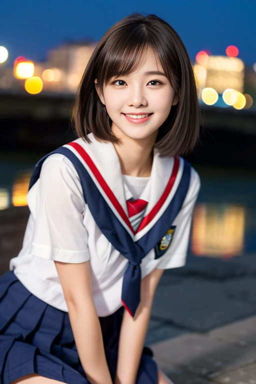 (((full bodyesbian)))、((Girls' High School Uniforms))、((１a person))、short ponytail hair、short bob hair、Close to the subject、((Han River))、(((smile)))、(((Girls' High School)))、((a beauty girl))、((sexy pose))、Photorealsitic、Beautiful detailed eyes、Hyper-Realism、high contrast、Ultra HD、realistic skin textures、Top image quality、top-quality、超A high resolution、Fine details、Very meticulously、well-endowed round bosom, head to knees, bokeh night background 