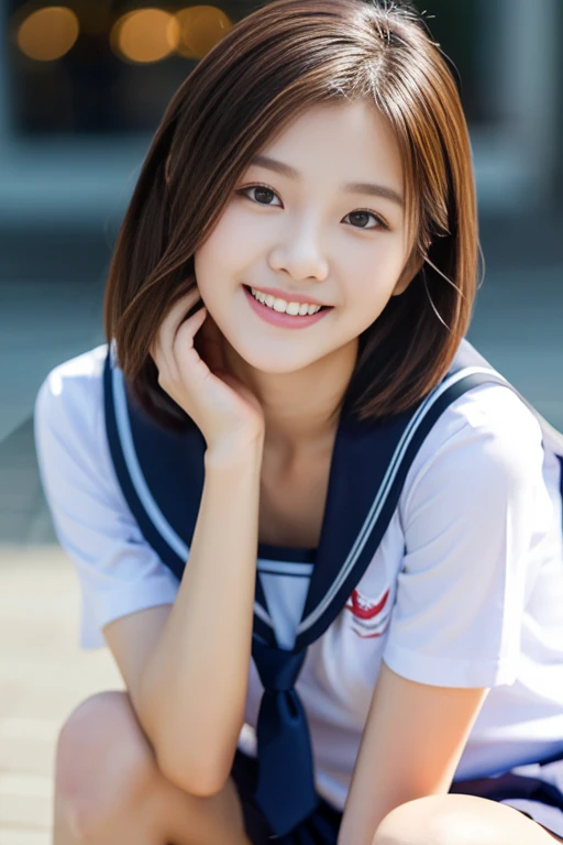 (((full bodyesbian)))、((Girls' High School Uniforms))、((１a person))、short ponytail hair、short bob hair、Close to the subject、((Han River))、(((smile)))、(((Girls' High School)))、((a beauty girl))、((sexy pose))、Photorealsitic、Beautiful detailed eyes、Hyper-Realism、high contrast、Ultra HD、realistic skin textures、Top image quality、top-quality、超A high resolution、Fine details、Very meticulously、well-endowed round bosom, head to knees, bokeh night background 