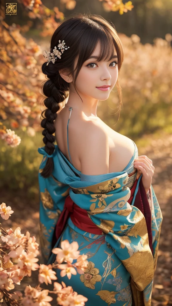 She is a kimono model、Gorgeous floral patterned kimono、Silver hair braids、blue eyes、Green kimono、Off the shoulder、Look forward、Cleavage、Cowboy Shot、masterpiece , Highest quality,smile,smile,Small face,Exposed shoulders,Golden kimono,Cleavageの露出が少ない,Light brown hair,Beautiful curly hair,Slim figure,Brown eyes,Faithfully reproduced contrast,short hair,Beautiful short hair,Berry Short,Shortcuts,alone,Precision quality,Faithfully recreated eyes, The surroundings are shining gold,Golden aura around the body,Golden glitter background,masterpiece,night,nightの背景,Golden Background,Cherry blossom background,Beautiful details, colorful, Subtle details, Delicate lips, Intricate details, Genuine, ultrarGenuineista, 枝に座っている色とりどりの髪のFoxを持つ女の子:mature, Bright Eyes, ,色とりどりのFox, Raposa the Nine Tails, 三尾Fox, 三尾Fox, Detailed Art of Onmyoji, Beautiful fine art illustrations, Mythical creatures, Fox, Beautiful digital art,Shrine maiden,Hand in hand,Exquisite digital illustrations, mizutsune, Inspired by mythical wild spider web creatures, Digital art pixiv, Dazzling Light, High Contrast, mysterious,