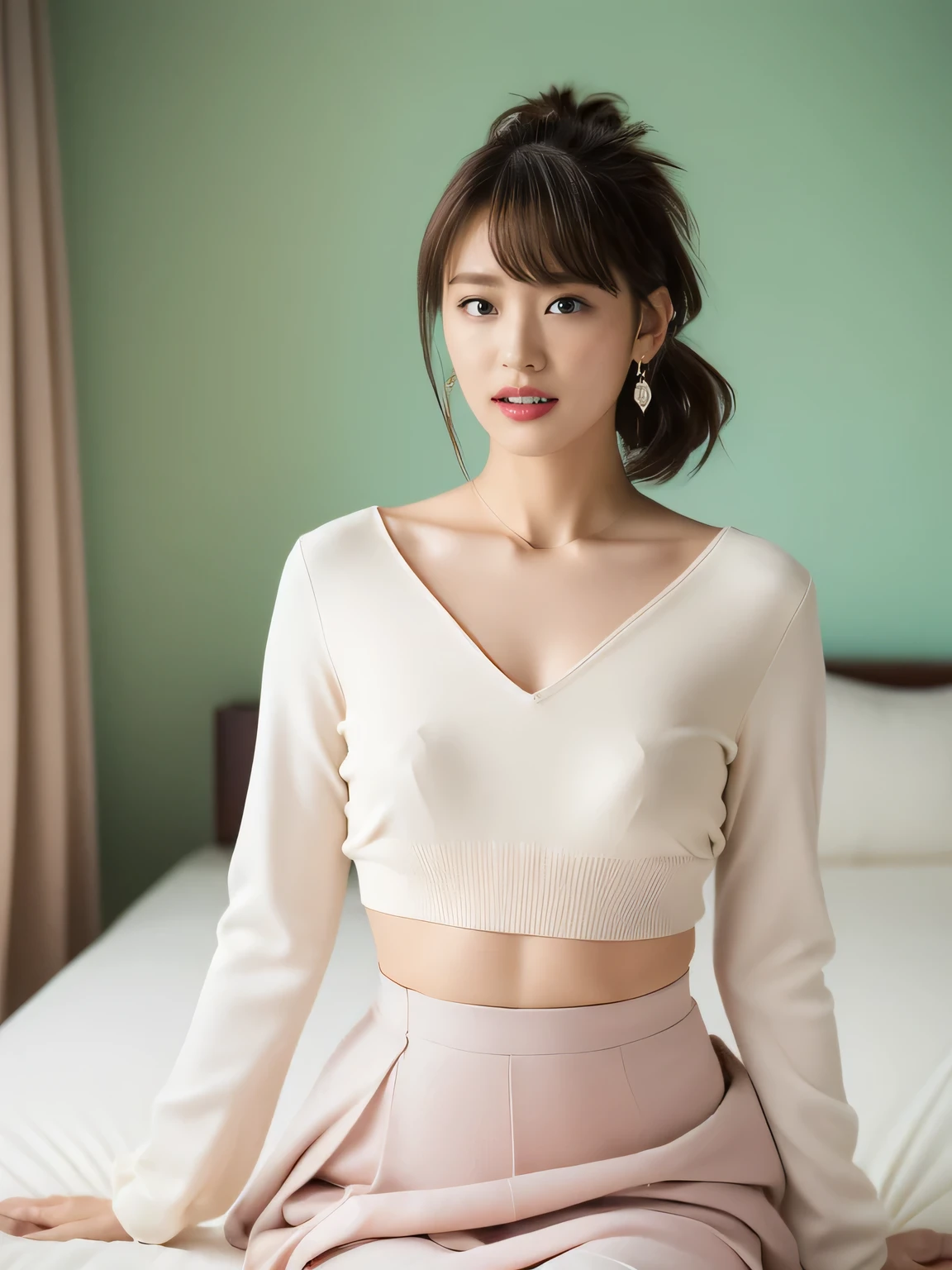 ((Digital single-lens reflex camera, Wide-angle photography, Photos in motion, Sex Photo, Take a full body photo:1.4)),
(Wearing a receptionist uniform, Round-necked cut and sew, Tight long skirt, Breast enlargement:1.6),
(No bra, The shape of the nipples is visible,Beautiful thighs,Ultra-detailed skin,Small pores in the skin:1.2),
((Her body is incredibly beautiful and stylish:1.2)),
((She is standing beside the bed with perfect posture., She has an angry look:1.5)),
((She is being raped, She is pushed onto the bed:1.6)),
((28 years old, Beautiful stylish lady, Naughty lips, Sexy body, Body facing forward:1.4)),
((Small breasts, Flat Chest, chest is slightly drooping:1.2)),
((Large bedroom, Cute Wallpapers, tissue, Spotlight:1.2)),
Eye focus, Narrow shoulders, Beautiful clavicle, Thin arms, Thin legs, The back of the hand is beautiful and feminine, Slim figure, Soft belly, Tight waist, Highly detailed face, super detailed breasts, Ultra-detailed skin, Fair skin, Shiny skin,
Ultra-detailed lips, Fuller lips, Thick and soft lips, Glossy pink lips,
Blushing, White teeth, blue eyes,
Beautiful actress makeup, Bruise makeup, Pink lipstick,
Dark brown hair, Delicate and soft hair, (Put your hair up, Fluffy short bob, ponytail:1.2), (Sweep your bangs to the side:1.2),
Stylish earrings,necklace,