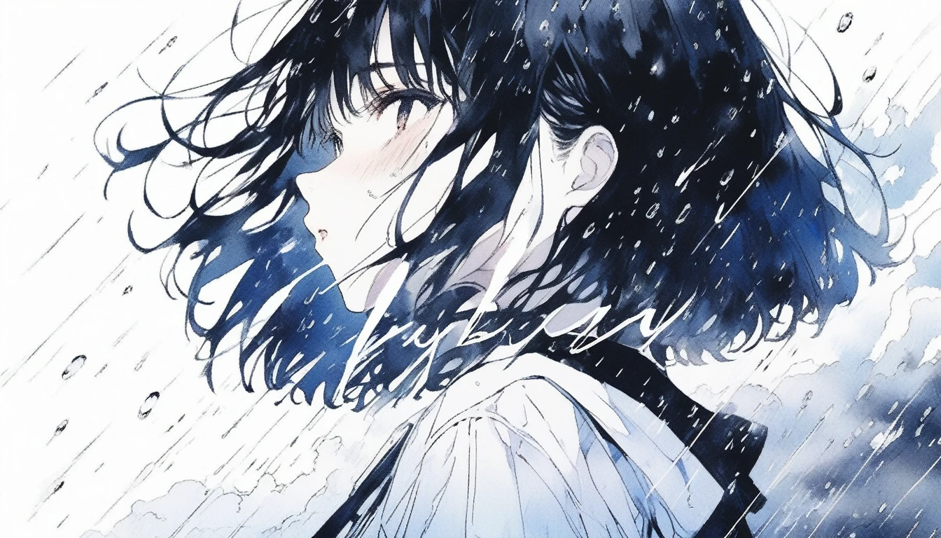 Illustrator, anime , Realistic ,sketch , Abstract sunshine background、Abstract rain falling on the black of the hair、Body、1 girl, ,Looking up at the sky, I scream、lip, 首にblackチョーカーWear, order, White gradient background, Kuro Hair,Short Bob、blacktshirt、Textured Trim, Canadian, (masterpiece,Highest quality) Cancer