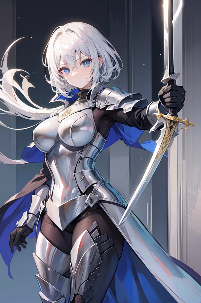 A female knight in shiny metal armor holding a sword.