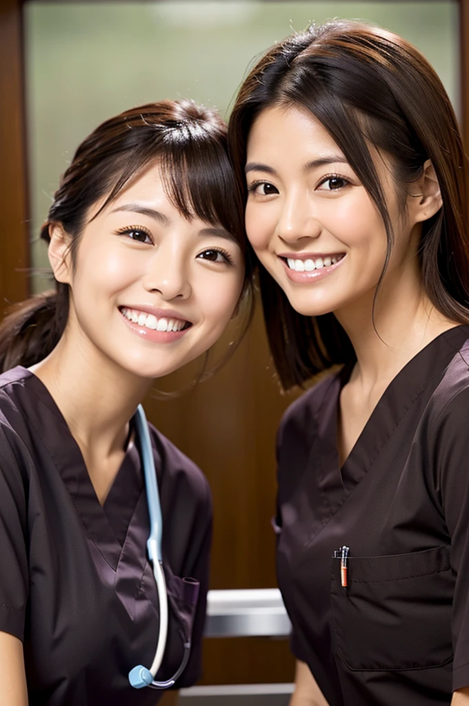 Dental hygienist, only two women　Side by side, smiling, wearing brown medical scrubs　Brown, short sleeves, cute, Japanese, black hair, female, early 20s　Upper body close-up　high resolution　Highest quality　　Don&#39;t press your face too much