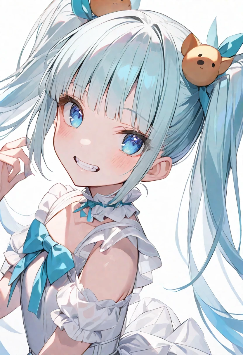 solo, handsome, Transparency,
1. Female,
Hime cut,Straight Hair, Twin tails,
Light blue hair,
Nakano Yotsuba,tooth,Double teeth,
Blue Eyes,Soft look,beautiful,beautiful,Sexy,
Darkness,White Lolita Fashion,Boar pattern,tooth,
skin,Alluring,
White background,