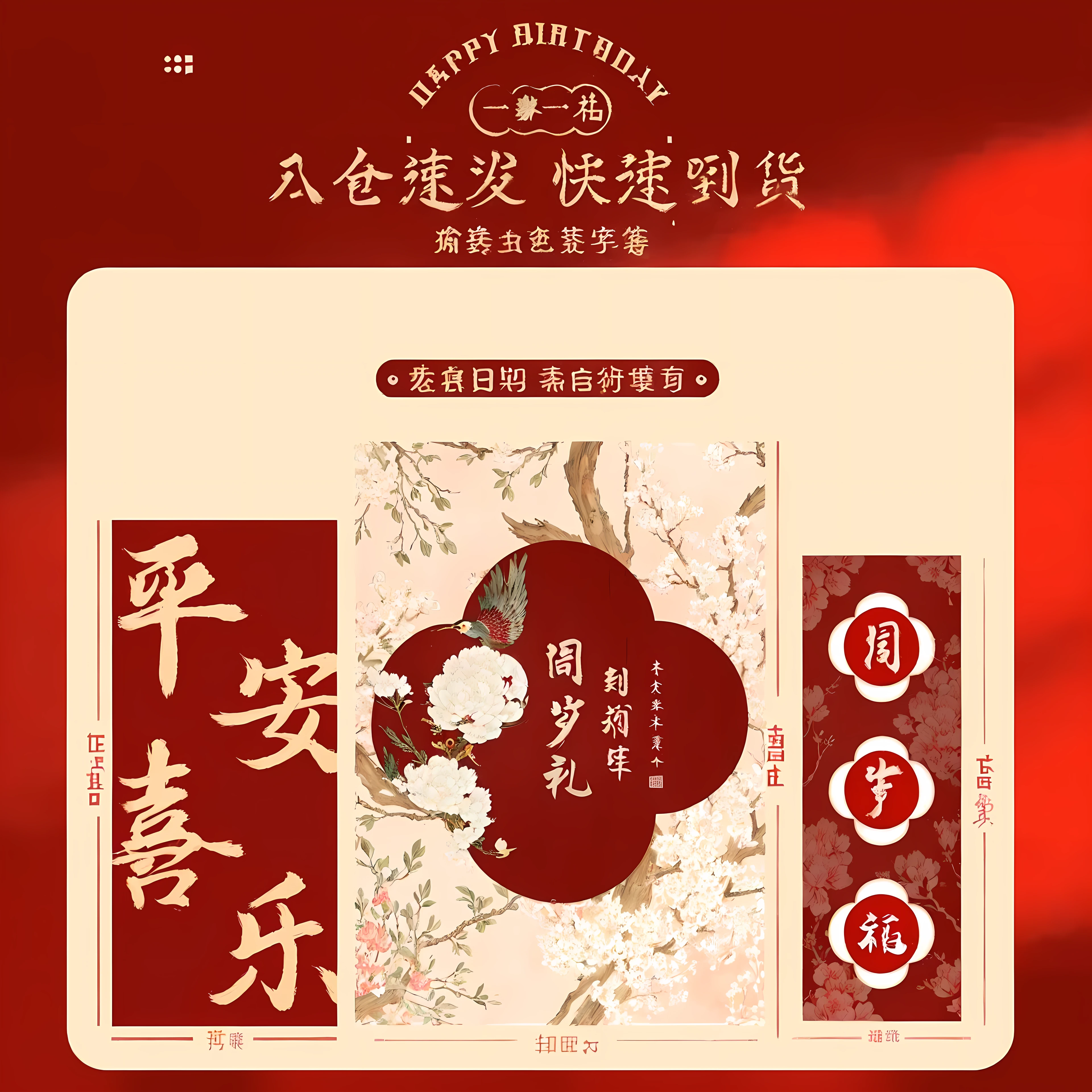 There is a red and white card,There is a picture of a bird on it, Ghost Festival, Full card design, Greetings Card, Invitation cards, art cover, package cover, List Image, Chinese watercolor style, poster, golden Chinese text, red and white color theme, Chinese painting style, cover, Chinese text, Chinese painting, Chinese, Wine labels