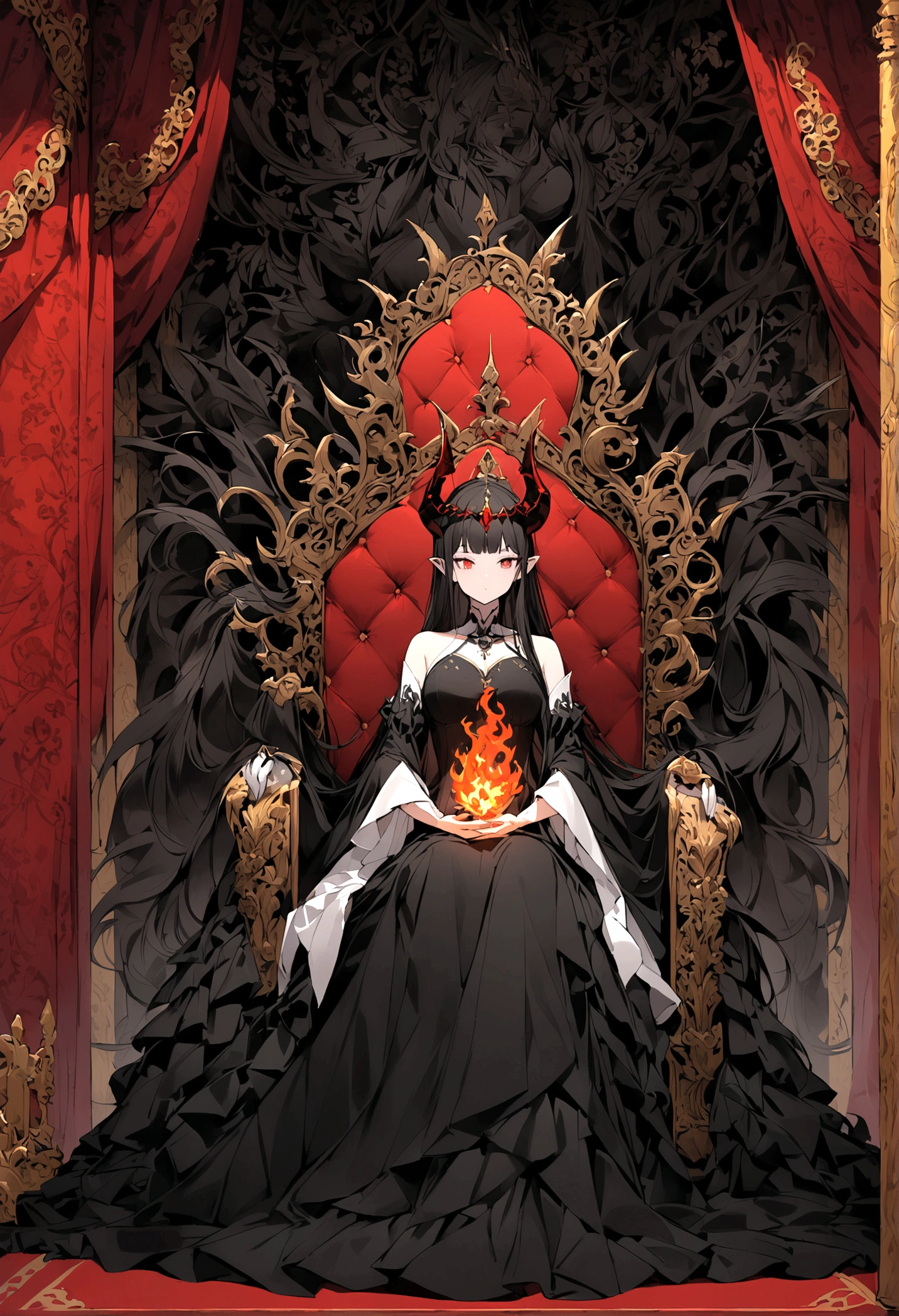 The image depicts an animated character that could be described as a "devil queen." She is seated on an ornate throne, wearing a black dress with white accents. The character has black hair, red horns, and is holding a flame in her hand, which adds to her devilish appearance. The background appears to be a grand, elaborately decorated room, fitting for a queen.