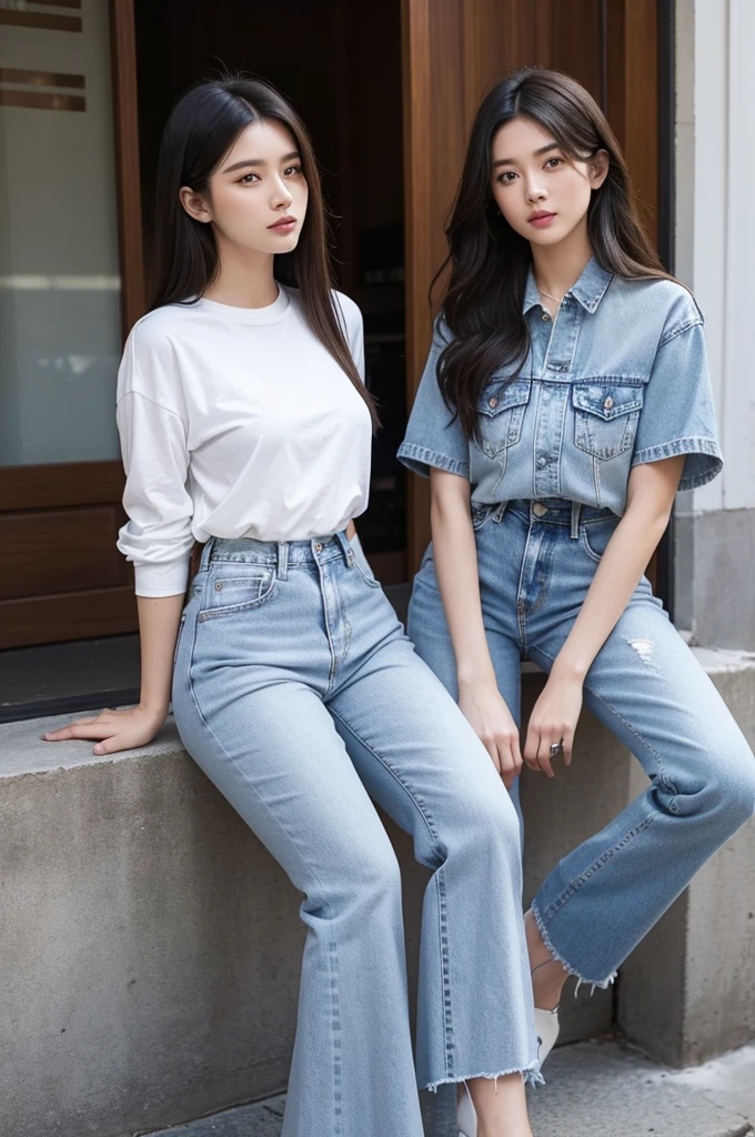 ((best quality)), ((masterpiece)), (detailed), Perfect face, show that person wearing flare jeans. If it's high-waisted flare jeans, show the whole body.!
Hey、High-waisted flared denim pants. The length of the flared denim should be long enough to reach the top of your feet.!
nice!The person on the right alone!
Change the person's clothes to tight-fitting grey long sleeves.!
Show me a picture of the person on the right being attacked by a molester while still wearing those clothes.
