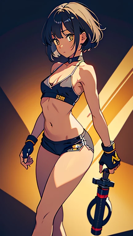 masterpiece, best quality, (dark skin), short hair, yellow eyes, black hair, beautiful girl, thin, full body, tall girl, ((MMA fighter gloves)), black costume, black short, ((kawaii)), ((cute)), plan boobs, short boobs, small , ((short chest)), ((big butt)), ((wide thigh)), fighter pose, dojo background