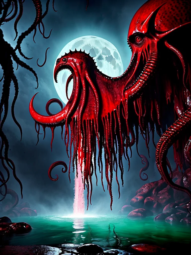 (((colorful))), Cult of Cthulhu, hyperrealism, hyper realistic color photo, realistic photography, dark atmosphere, HDR, ultra detailed, sharp theets, high quality render, ultra realistic shadows, ultra defined, bloody red waterfall, moon, cult of ctulhu, bloody ritual, red runes circle, Cthulhu howering on backgroundcsu, underground, cross-section, from side
 YaPAseer, horror