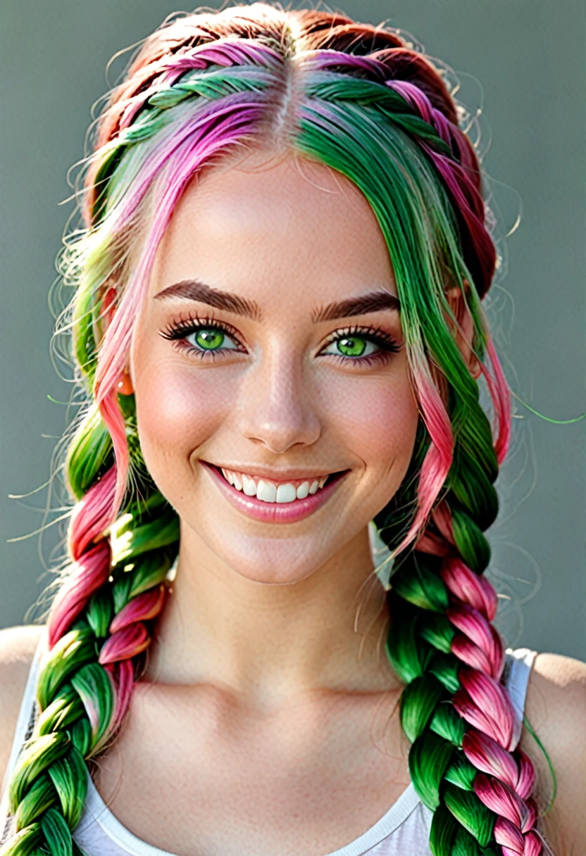 girl, beautiful green eyes, clear skin, soft makeup, long streaked green/pink hair, braids, realistic soft skin, tight body, photorealistic, realistic. smiling