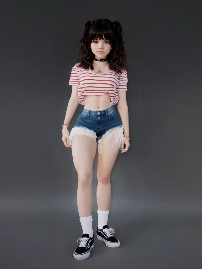 girl y realistic, fringe hair realistic, face sweet realistic wearing realistic t-shirt, realistic shorts denim, realistic ankle white socks, realistic vans shoes uses choker and bracelets realistic details.