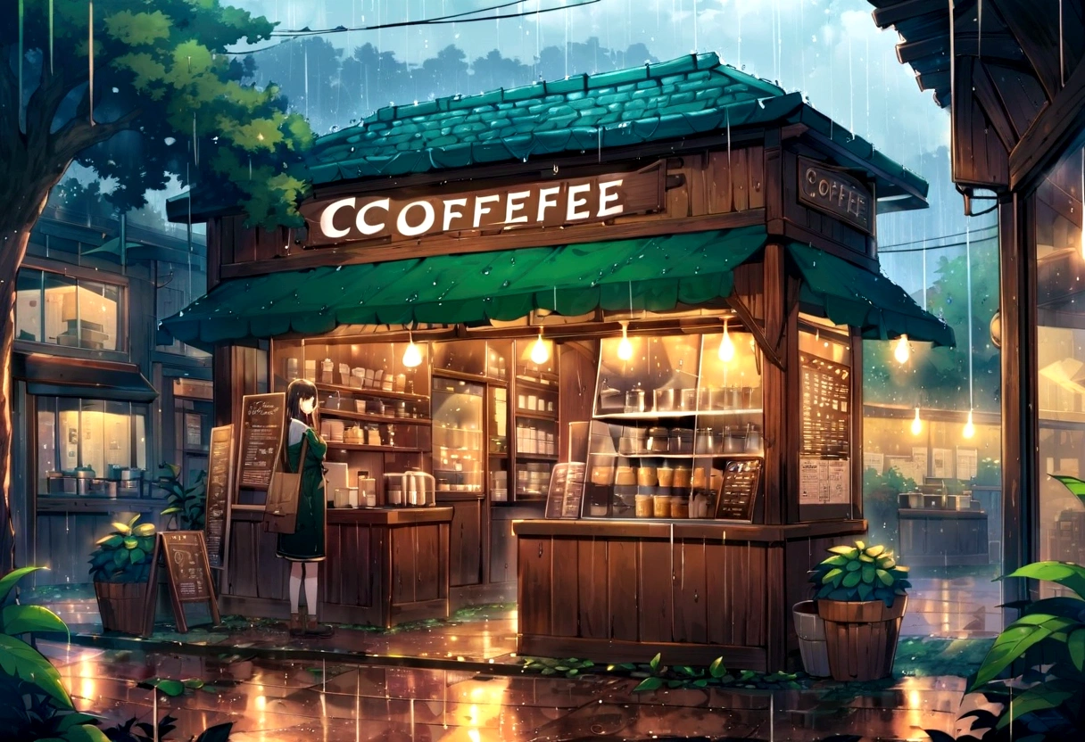 Inside the coffe shop, rain, best quality