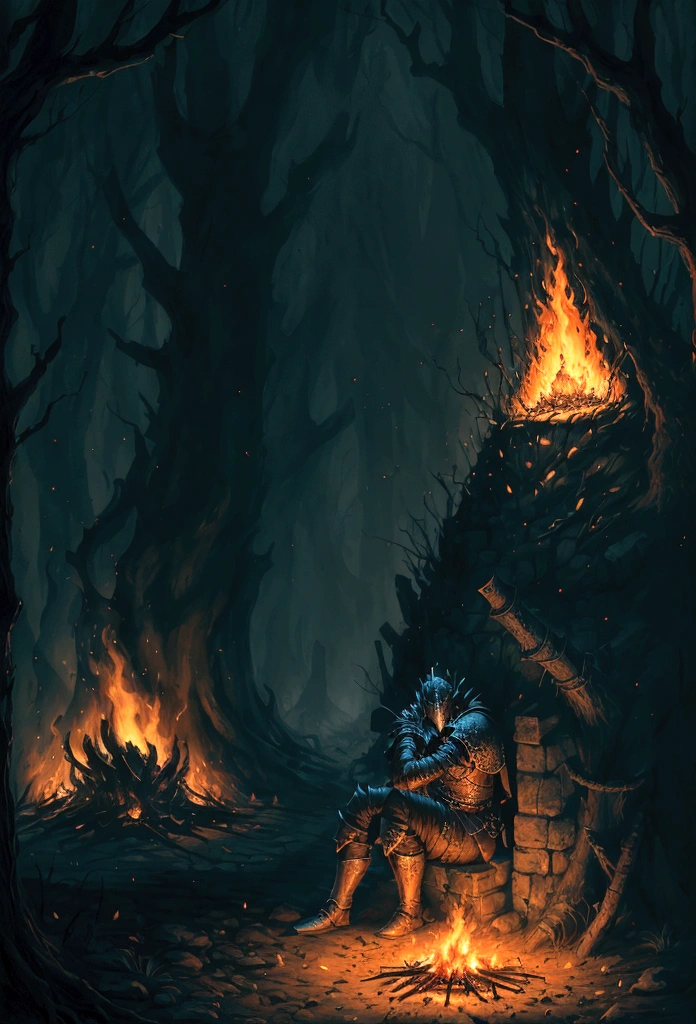 a warrior resting in bonfire, high quality, masterpiece, dark theme, dark souls theme,  