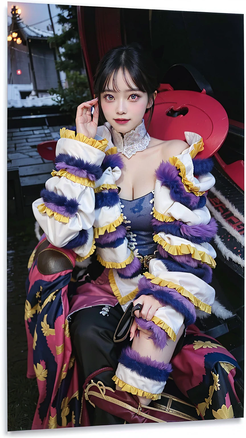1girl, (8k, RAW photo, best quality, masterpiece:1.2), (ultra highres:1.0),detailed illustration, (real person,fashion photography portrait,photograph), detailed, detailed beautiful skin, (realistic, photo-realistic:1.37), hinataNS, solo, professional lighting, pink dress with flower), village, east asian architecture, trees, village hidden in the city background,looking_at_viewer, smile,purple hair, white eyes,mitain,toeless footwear,kunai,facial mark,konohagakure symbol,fighting_stance,fence,ninja,adjusting gloves,sleeveless,cleavage, big breasts