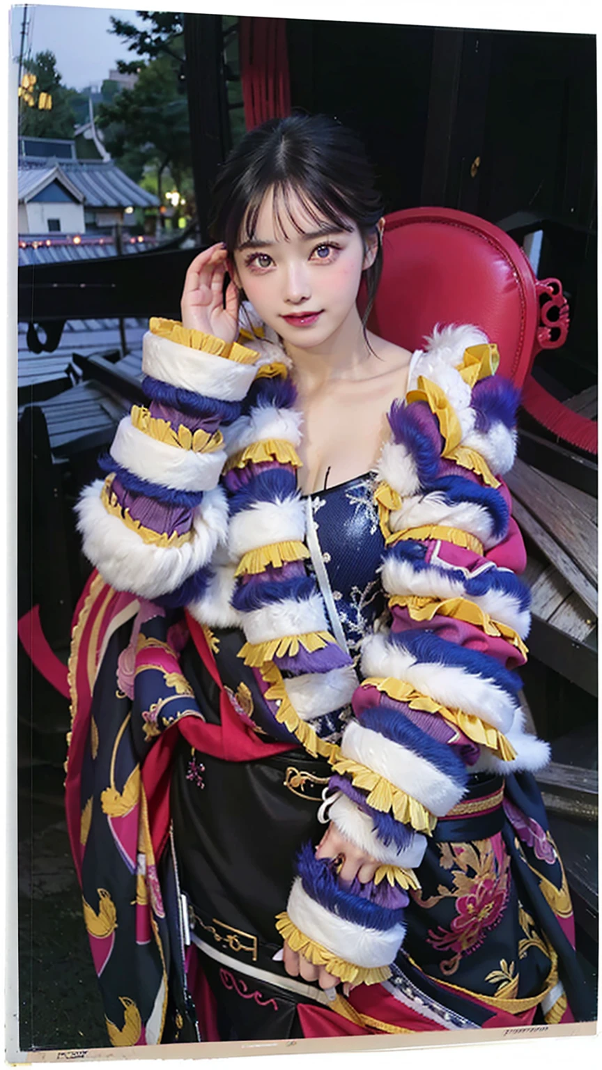 1girl, (8k, RAW photo, best quality, masterpiece:1.2), (ultra highres:1.0),detailed illustration, (real person,fashion photography portrait,photograph), detailed, detailed beautiful skin, (realistic, photo-realistic:1.37), hinataNS, solo, professional lighting, pink dress with flower), village, east asian architecture, trees, village hidden in the city background,looking_at_viewer, smile,purple hair, white eyes,mitain,toeless footwear,kunai,facial mark,konohagakure symbol,fighting_stance,fence,ninja,adjusting gloves,sleeveless,cleavage, big breasts