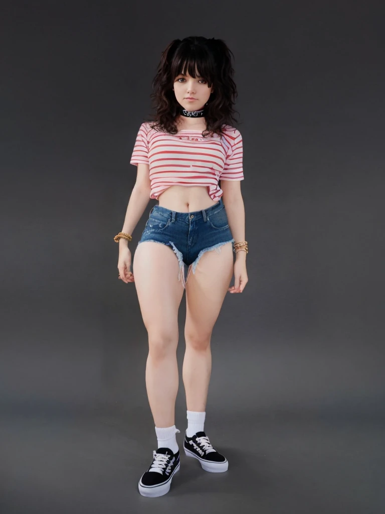 girl sexy realistic, fringe hair realistic, face sweet realistic wearing realistic t-shirt, realistic shorts denim, realistic ankle white socks, realistic vans shoes uses choker and bracelets realistic details.