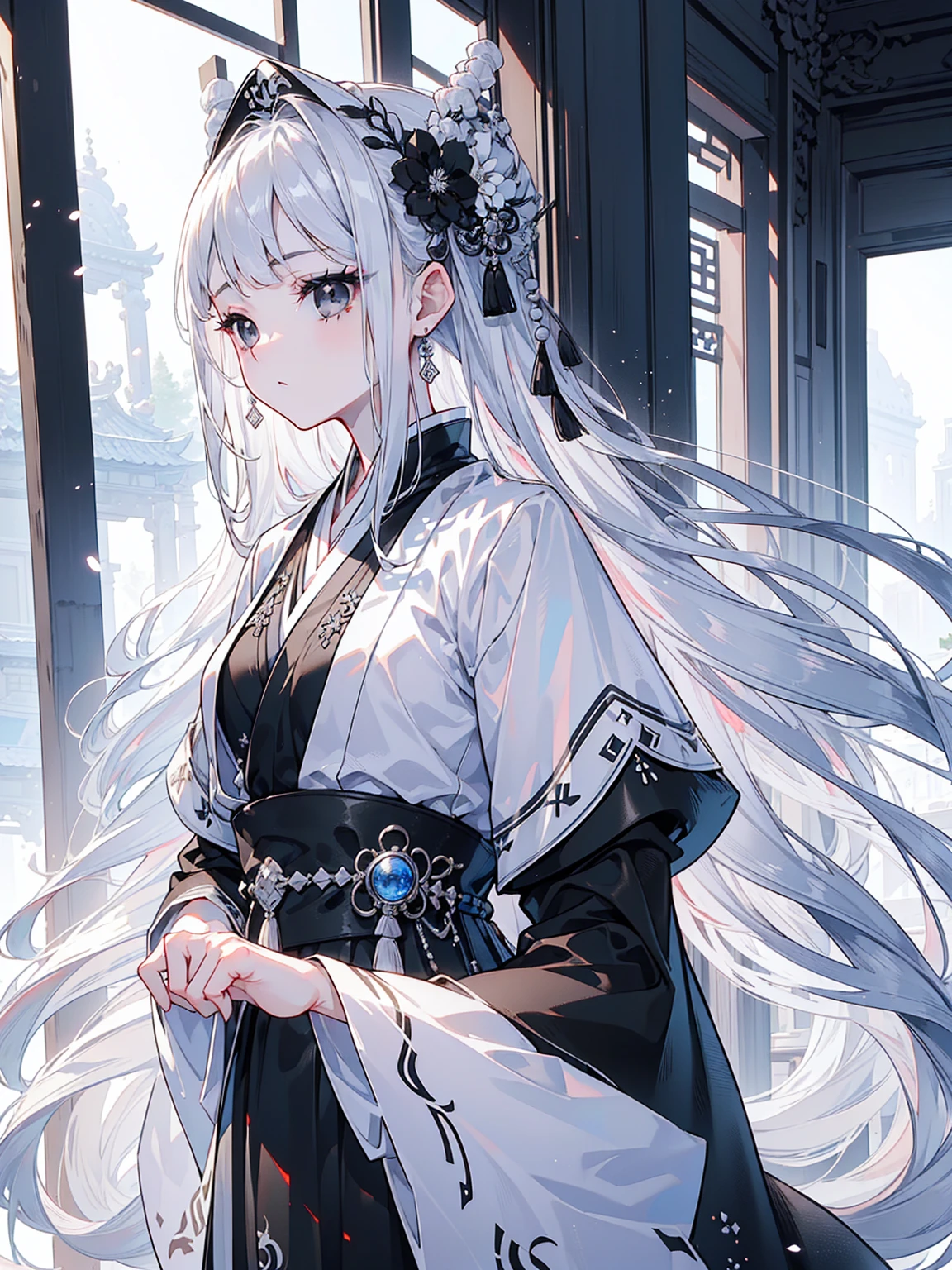 (Top image quality)、(Ultra Detailed)、(Facing forward)、top quality、masterpiece、(((1 girl)))、Silver Hair、white hair、((Long hair))、(black eyes:1.6)、(Hanfu)