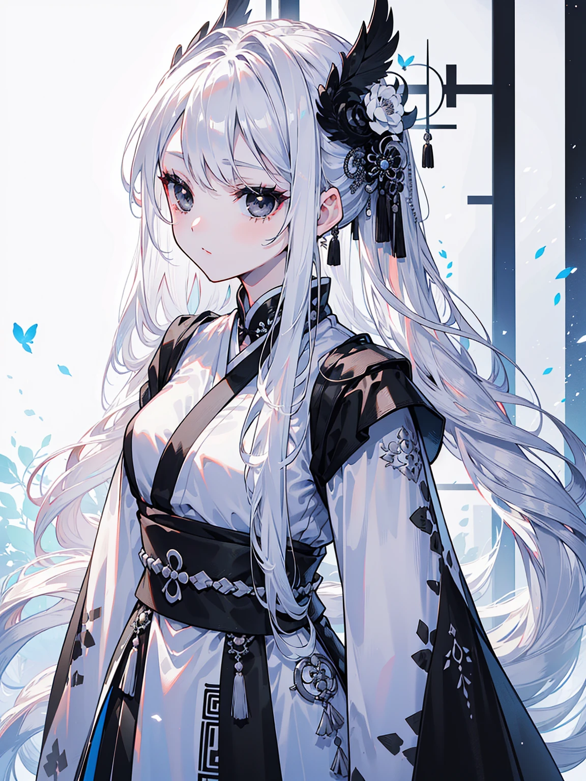 (Top image quality)、(Ultra Detailed)、(Facing forward)、top quality、masterpiece、(((1 girl)))、Silver Hair、white hair、((Long hair))、(black eyes:1.6)、(Hanfu)