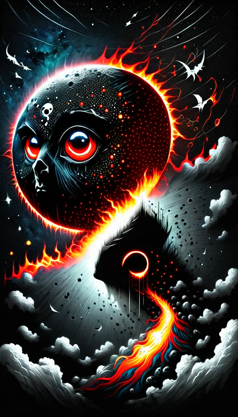 High Resolution, High Quality , Masterpiece .Hyper-realistic ink drawing with surreal colors, elements of absurdity in the style of Ross Tran featuring postal envelopes aflame as a reference to Roby Dwi Antono, letters, broken hearts, skulls, and a treble clef ascending into a starry sky, chiaroscuro lighting enhancing symbols of departed love, a moon adorned with eyes emitting an air of melancholy, atmospheric mood.