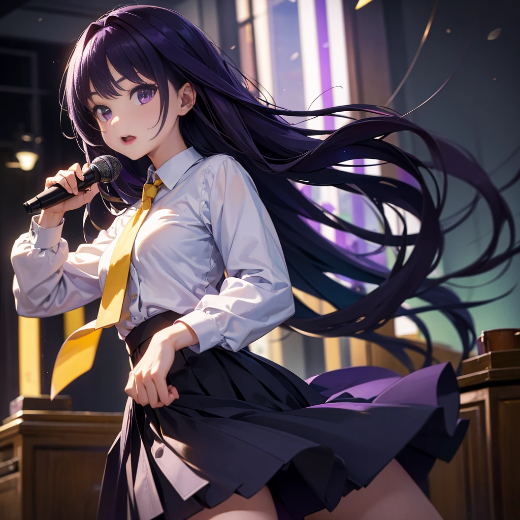 Best picture quality, 8K, high quality, masterpiece:1.2), ((masterpiece)), (great detail, high quality, best picture quality), bokeh, DOF, Portrait, open stance, purple hair long hair, in black, standing, round face, in white shirt with a yellow tie, black plead skirt, singing in the classroom