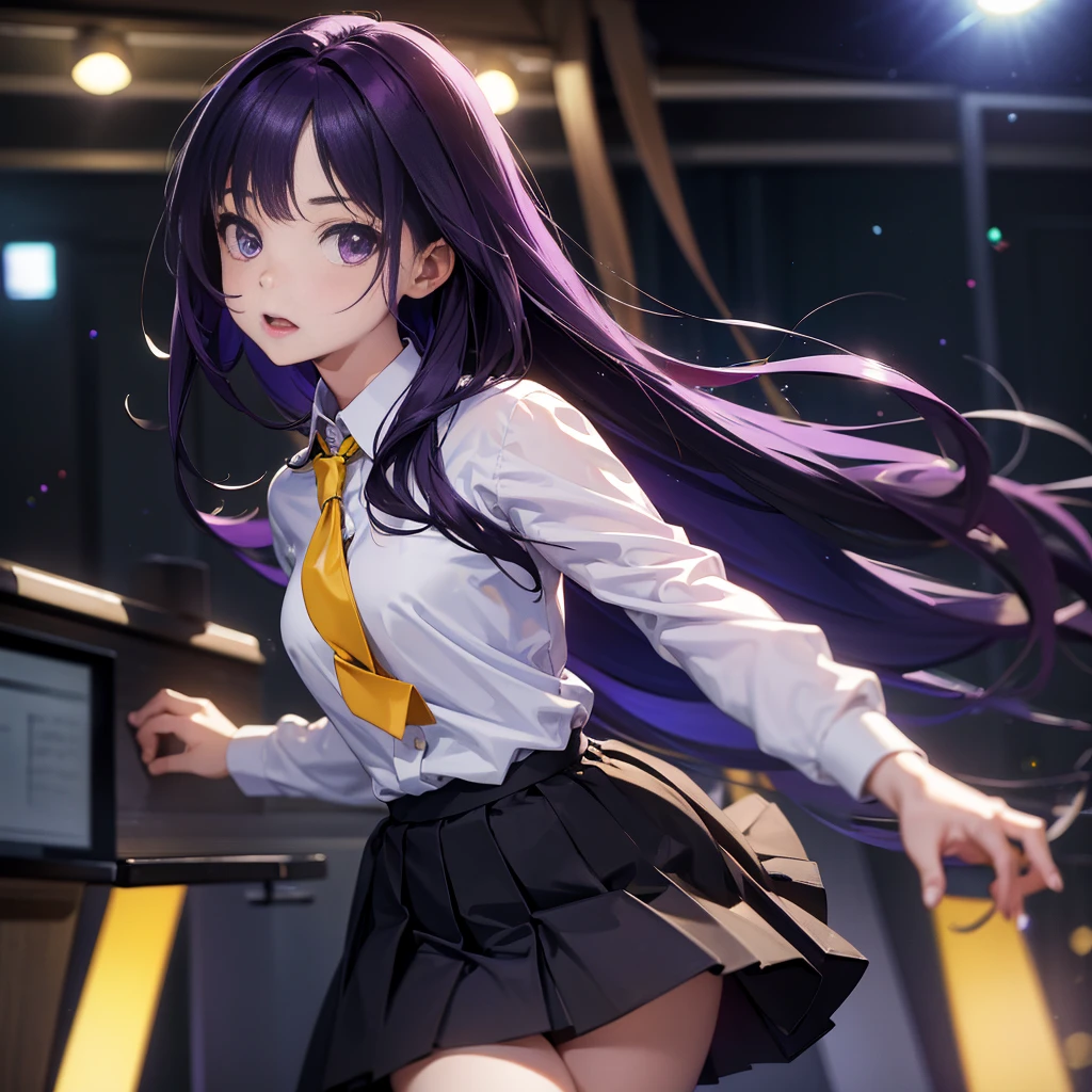 Best picture quality, 8K, high quality, masterpiece:1.2), ((masterpiece)), (great detail, high quality, best picture quality), bokeh, DOF, Portrait, open stance, purple hair long hair, in black, standing, round face, in white shirt with a yellow tie, black plead skirt, singing in the classroom