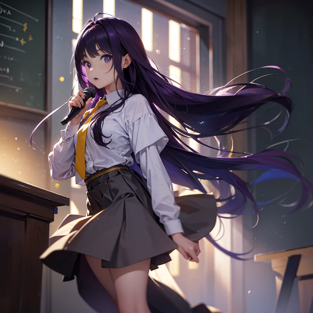 Best picture quality, 8K, high quality, masterpiece:1.2), ((masterpiece)), (great detail, high quality, best picture quality), bokeh, DOF, Portrait, open stance, purple hair long hair, in black, standing, round face, in white shirt with a yellow tie, black plead skirt, singing in the classroom