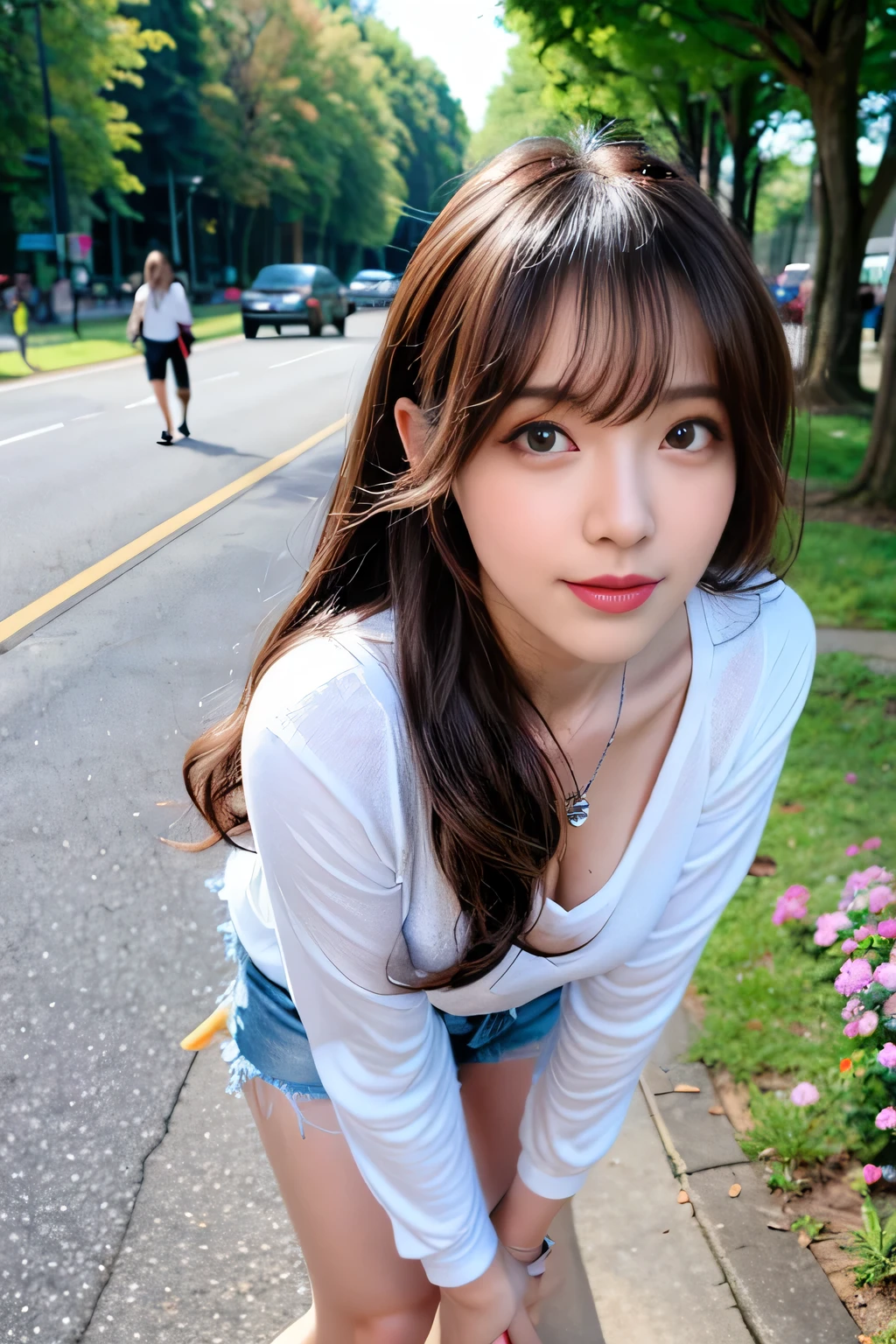 ((Full Body Angle))、((Front hair:1.2))、((Highest quality, 8K, masterpiece: 1.3)), concentrated: 1.2, Cute girl 1,Nipples erect、 Perfect beauty: 1.4,Cut and sewn T-shirt Raglan sleeve summer short sleeve T-shirt.Shorts: 1.2,Long sleeve、Randall Color、comics＆Text Graphics、Black ruffle-trimmed drawstring zip blouse,1.1, Highly detailed face and skin textures, Fine grain, double eyelid, whitening skin, ,Highest quality,Ultra-high resolution,you,1 girl,alone,_Shiny_skin,Iris,necklace,((brown_length_Wavy_hair)),(lips)),eyelash,Front hair,deal with,compensate,Shiny,pore,skin,Large Breasts、smiling face、Walking in the park、walk、