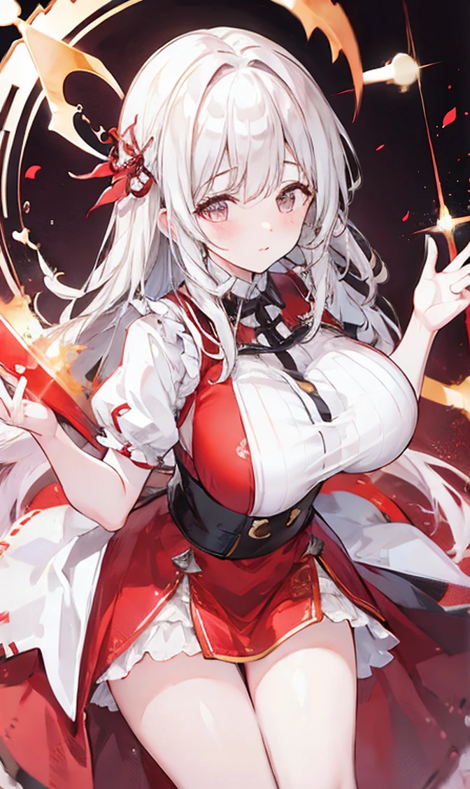 ((Browsing Caution))Creamy white hair，bright red student，Large Breasts，Red and white outfit，A cute and adorable girl who grows runes