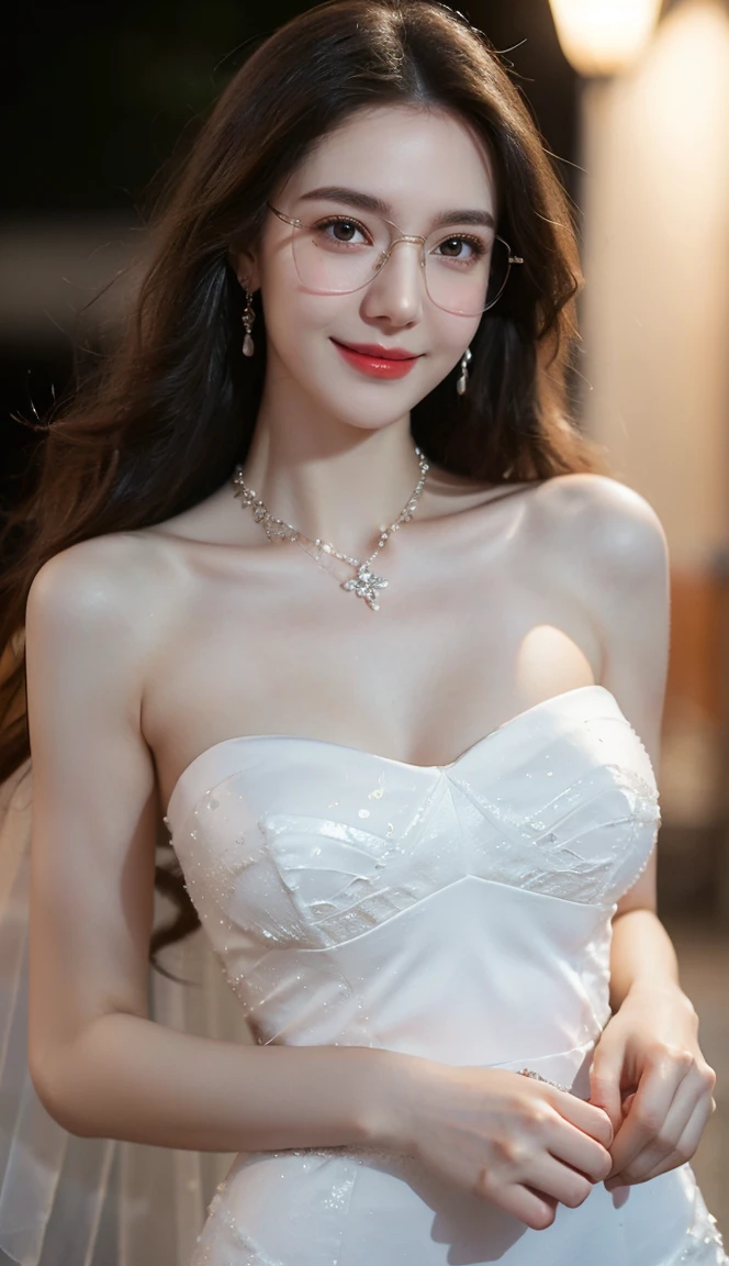 (Canon RF85mm f/1.2), (8K, RAW photos, best quality), (masterpiece), (actual, photograph actual), (Very detailed, High Detail, Best image quality, Super detailed, high resolution, Very detailed, Very detailed的描述, Ultra-fine, Extremely exquisite and beautiful work), Beautiful and delicate girl, Solo Girl, ((Perfect body)), Very detailed eyes and face, White skin, Noble beauty, ((The skin texture is delicate, Pores)), Perfect anatomical structure, Beautiful body, Delicate face, Slim abs, Slim waist), Big Ass, (Large Breasts, Breast enlargement), (Cleavage), (affectionate gaze, soulful eyes, Glowing eyes), (beautiful and clear eyes), (Bounce Curly Messy Long Hair), (Smile:1.2), (fascinated expression), (Attractive appearance), ((Cardigan，Strapless wedding dress)), ((Tight)), ((bud)), ((wear glasses)), earrings, necklace, ((night)), ((Street View, moonlight)), Physically Based Rendering, Realistic lighting, (((Upper Body))), ((looking at the audience)), ((Everlasting)), ((Happy and shy))