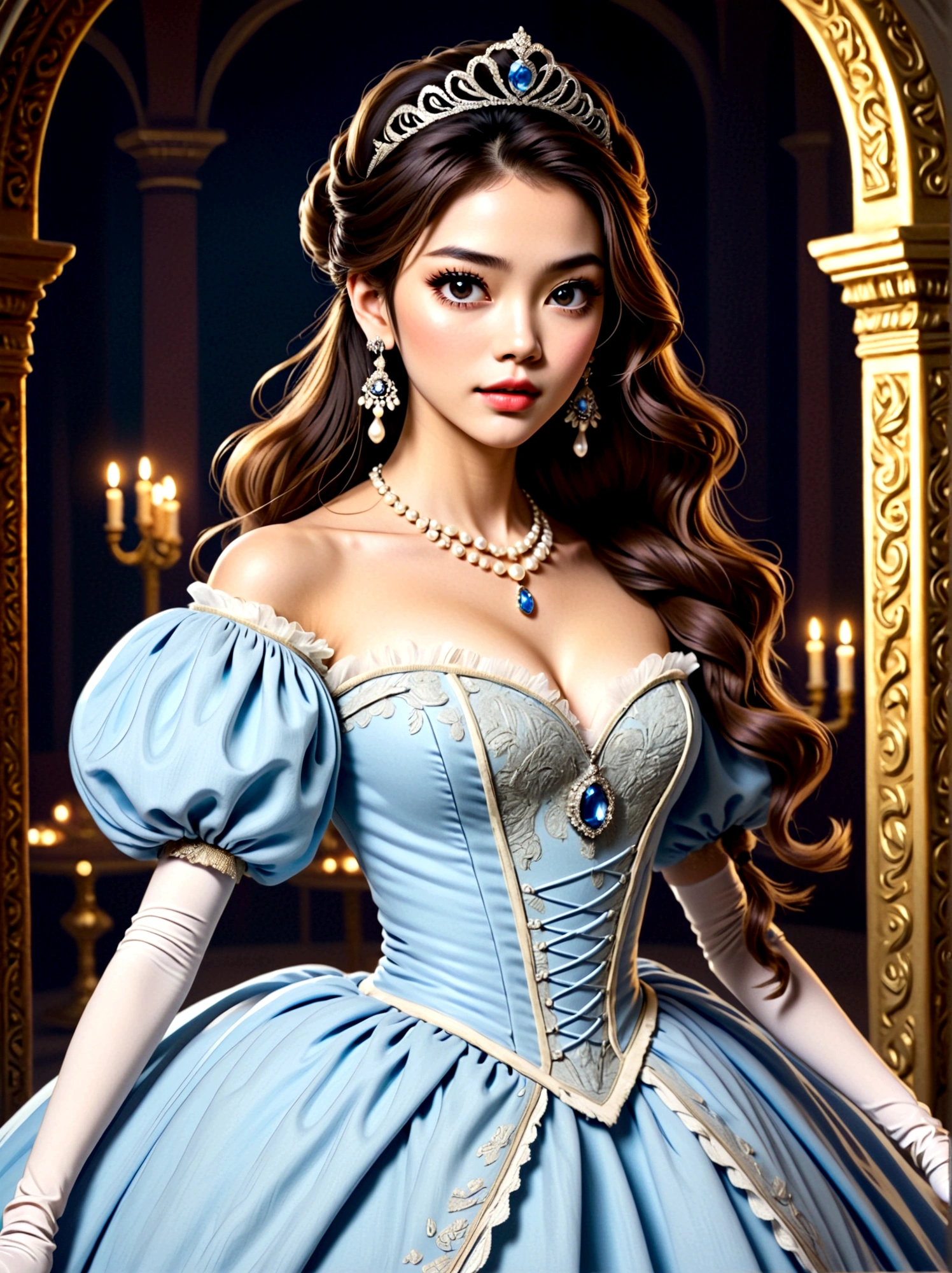 ((masterpiece))，Best quality，absurd，Ultra Detailed，holographic，Golden Ratio，Super cute and beautiful Asian idol girl，Very beautiful violet bright eyes，Beautiful colorful shiny brown hair，High Ponytail，good body shape，fit，Perfect body，Wear a stately and exquisite royal Cinderella court gown，With huge puff sleeves and hourglass waist，adorned with bows，Embroidery and jewelry，Long white gloves，pearl necklace and earrings，Beautiful hair accessories，Dark theme elements, Pencil Sketch