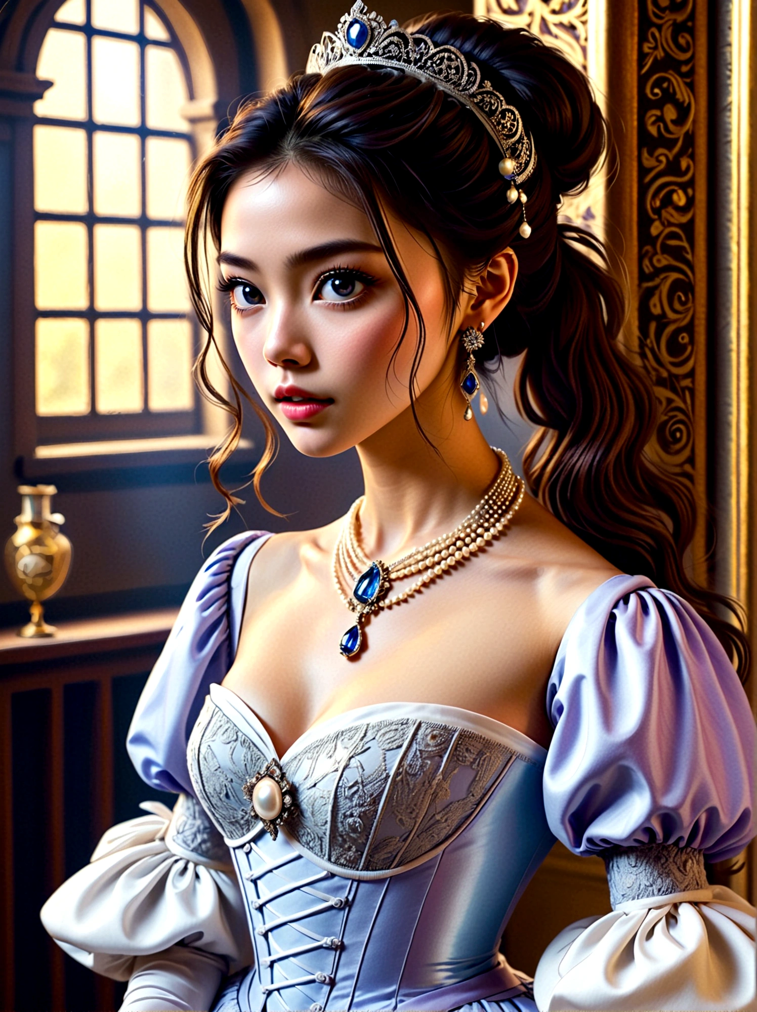 ((masterpiece))，Best quality，absurd，Ultra Detailed，holographic，Golden Ratio，Super cute and beautiful Asian idol girl，Very beautiful violet bright eyes，Beautiful colorful shiny brown hair，High Ponytail，good body shape，fit，Perfect body，Wear a stately and exquisite royal Cinderella court gown，With huge puff sleeves and hourglass waist，adorned with bows，Embroidery and jewelry，Long white gloves，pearl necklace and earrings，Beautiful hair accessories，Dark theme elements, Pencil Sketch