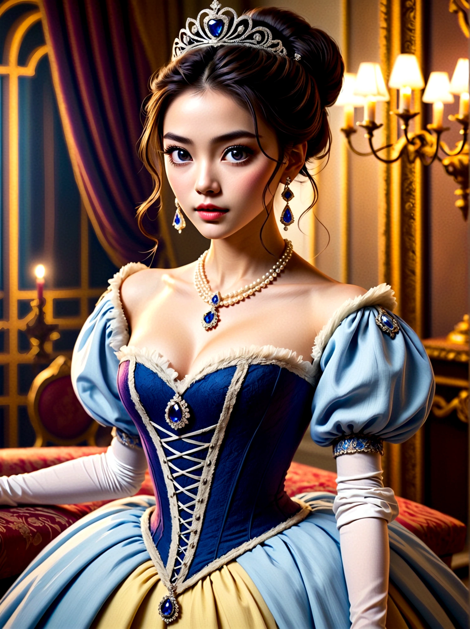 ((masterpiece))，Best quality，absurd，Ultra Detailed，holographic，Golden Ratio，Super cute and beautiful Asian idol girl，Very beautiful violet bright eyes，Beautiful colorful shiny brown hair，High Ponytail，good body shape，fit，Perfect body，Wear a stately and exquisite royal Cinderella court gown，With huge puff sleeves and hourglass waist，adorned with bows，Embroidery and jewelry，Long white gloves，pearl necklace and earrings，Beautiful hair accessories，Dark theme elements, Pencil Sketch