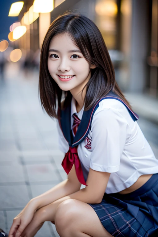 (((full bodyesbian)))、((Girls' High School Uniforms))、((１a person))、short ponytail hair、short bob hair、Close to the subject、((Han River))、(((smile)))、(((Girls' High School)))、((a beauty girl))、((sexy pose))、Photorealsitic、Beautiful detailed eyes、Hyper-Realism、high contrast、Ultra HD、realistic skin textures、Top image quality、top-quality、超A high resolution、Fine details、Very meticulously、well-endowed round bosom, head to knees, bokeh night background 