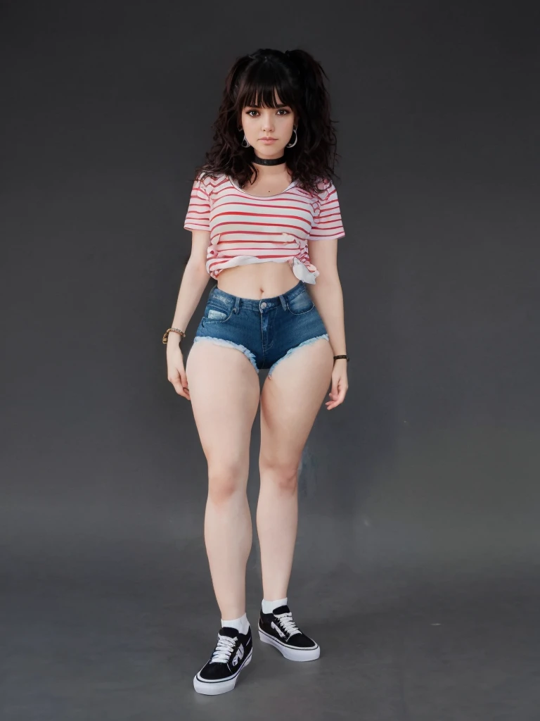  girl sexy realistic, fringe hair realistic, face sweet realistic wearing realistic t-shirt, realistic shorts denim, realistic ankle white socks, realistic vans shoes uses choker and bracelets realistic details.