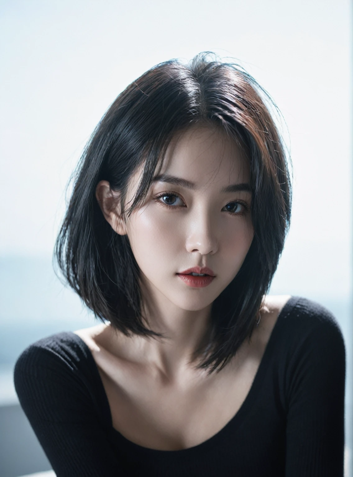 best quality, masterpiece, Ultra-high resolution, (Reality:1.5), RAW photos, 1 Girl, Off-shoulder, in the darkness, Deep Shadows, Low profile, Cold Light, Sexy look, short hair,xxmixgirl,Inlet, Half-length photo,National Foundation