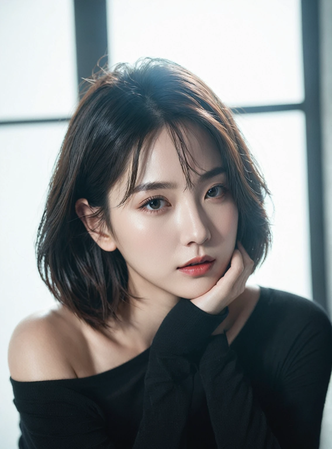 best quality, masterpiece, Ultra-high resolution, (Reality:1.5), RAW photos, 1 Girl, Off-shoulder, in the darkness, Deep Shadows, Low profile, Cold Light, Sexy look, short hair,xxmixgirl,Inlet, Half-length photo,National Foundation