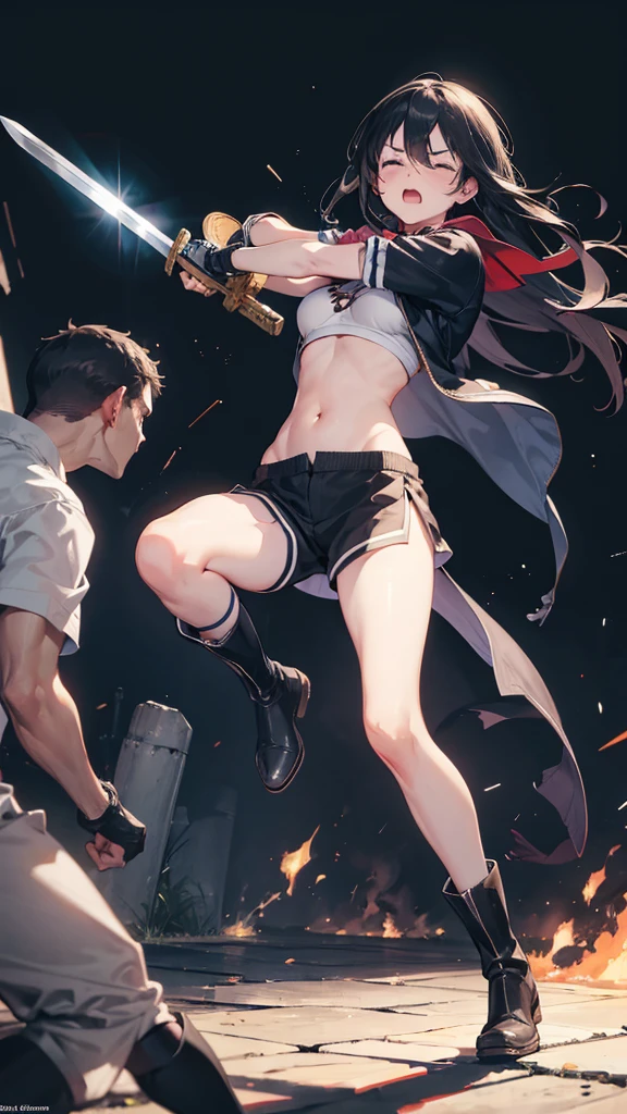 Girl, Navel exposed, Wearing calf-length socks and boots, Holding a sword, Being attacked by enemies, He closes his eyes in pain and cries