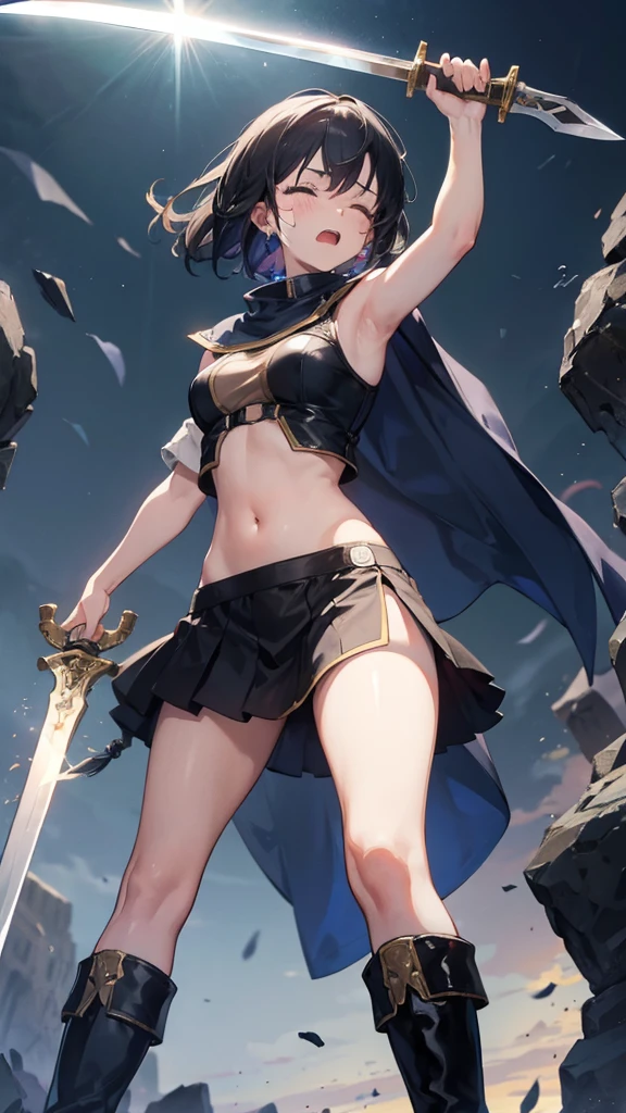 Girl, Navel exposed, Wearing calf-length socks and boots, Holding a sword, Being attacked by enemies, He closes his eyes in pain and cries