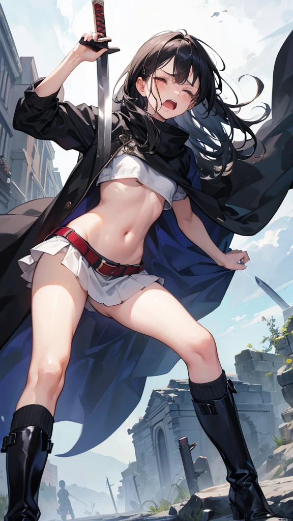 Girl, Navel exposed, Wearing calf-length socks and boots, Holding a sword, Being attacked by enemies, He closes his eyes in pain and cries