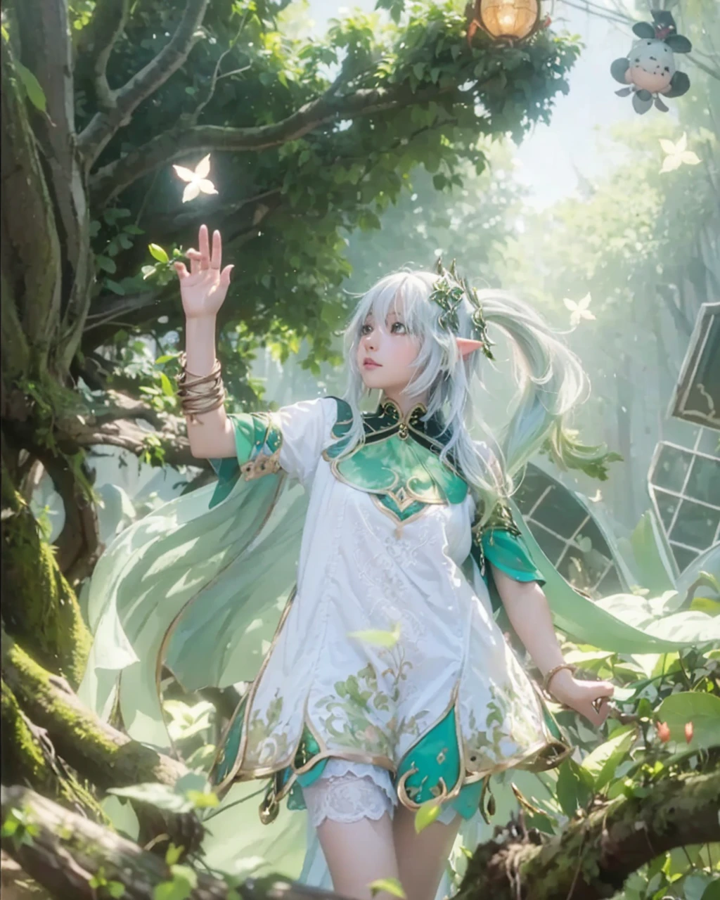 ( NAHIDA_GENSHIN IMPACT),((realistic, photorealistic)),(highlight hair)), Light reflection, (( HD )),((upper body)), (((best quality, masterpiece))), (masterpiece) (best quality) (detail) (8k) (HDR) (wallpaper) (cinematic lighting) (sharp focuasterpiece, best quality: 1.1), Real life adaption of this character, Asian teen beauty face, Shining Purple eyes, realistic outfit, realistic shadow, realistic light, realism, hyper realistic, realistic background,(photorealistic:1.2), 1girls,Background of god tree, magic plant, creeper roots, glowing, base of magic plant,Sunlight, vines on trees, flying light, elf-eared,Flying leaves, motion blur, loose hair, white hair, wind lines,fallen tree foreground blur,tree background, creeping tree roots, floating robes, floating hair, light sun, Particles light,