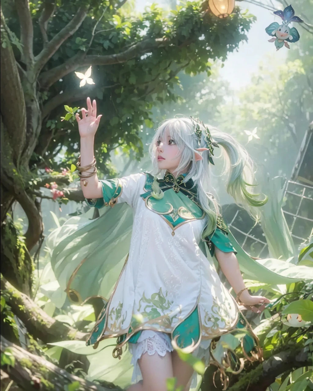 ( NAHIDA_GENSHIN IMPACT),((realistic, photorealistic)),(highlight hair)), Light reflection, (( HD )),((upper body)), (((best quality, masterpiece))), (masterpiece) (best quality) (detail) (8k) (HDR) (wallpaper) (cinematic lighting) (sharp focuasterpiece, best quality: 1.1), Real life adaption of this character, Asian teen beauty face, Shining Purple eyes, realistic outfit, realistic shadow, realistic light, realism, hyper realistic, realistic background,(photorealistic:1.2), 1girls,Background of god tree, magic plant, creeper roots, glowing, base of magic plant,Sunlight, vines on trees, flying light, elf-eared,Flying leaves, motion blur, loose hair, white hair, wind lines,fallen tree foreground blur,tree background, creeping tree roots, floating robes, floating hair, light sun, Particles light,