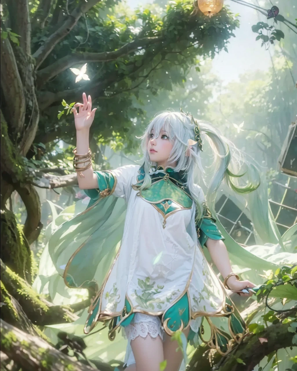 ( NAHIDA_GENSHIN IMPACT),((realistic, photorealistic)),(highlight hair)), Light reflection, (( HD )),((upper body)), (((best quality, masterpiece))), (masterpiece) (best quality) (detail) (8k) (HDR) (wallpaper) (cinematic lighting) (sharp focuasterpiece, best quality: 1.1), Real life adaption of this character, Asian teen beauty face, Shining Purple eyes, realistic outfit, realistic shadow, realistic light, realism, hyper realistic, realistic background,(photorealistic:1.2), 1girls,Background of god tree, magic plant, creeper roots, glowing, base of magic plant,Sunlight, vines on trees, flying light, elf-eared,Flying leaves, motion blur, loose hair, white hair, wind lines,fallen tree foreground blur,tree background, creeping tree roots, floating robes, floating hair, light sun, Particles light,