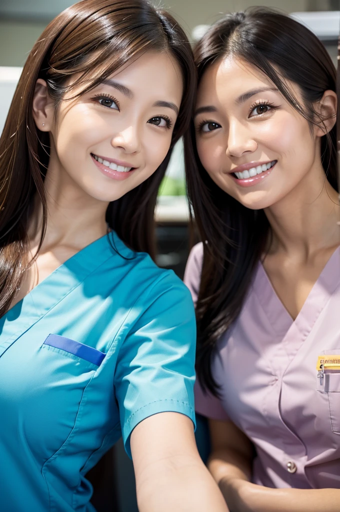 Dental hygienist, only two women Side by side, smiling, wearing brown medical scrubs Brown, short sleeves, cute, Japanese, black hair, female, early 20s Upper body close-up high resolution Highest quality Don't press your face too much