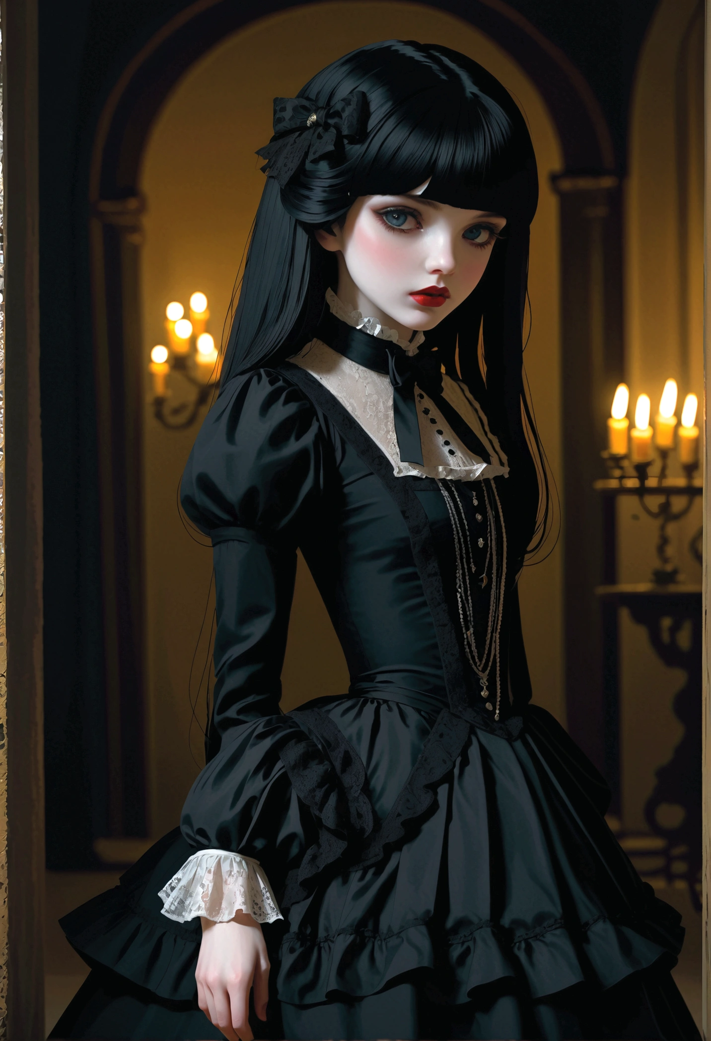a gothic lolita girl,pale skin,red lips,porcelain doll-like face,intricate black lace Evening Dress,(whole body),ruffles,bows,high collar,long black hair,haunting gaze,dark fairy tale,dramatic lighting,moody atmosphere,cinematic,highly detailed,masterpiece,photorealistic
