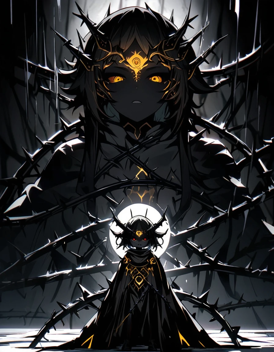 (dark art), insect girl, short stature, dividing lines on body, dark black skin, black skin, dark skin, yellow eyes, black sclera, long black hair, many steel thorns, cold lighting, (dark lighting), many shadows, cold lights