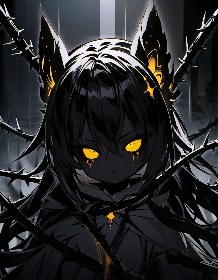 (dark art), insect girl, short stature, dividing lines on body, dark black skin, black skin, dark skin, yellow eyes, black sclera, long black hair, many steel thorns, cold lighting, (dark lighting), many shadows, cold lights