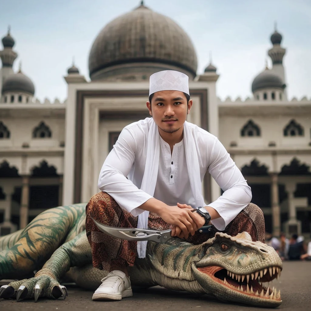 Outdoor photography of an Indonesian man. A 30-year-old Indonesian man with a smooth face, slightly chubby, thin smile, wearing a white kopiah, white shirt, and sarong, holding a toy machete, squatting next to a sleeping tyrannosaurus, with a large mosque in the background. Captured by a Sony camera, good lighting.