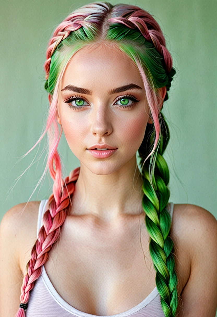 girl, beautiful green eyes, clear skin, soft makeup, long streaked green/pink hair, braids, realistic soft skin, tight body, photorealistic, realistic.
