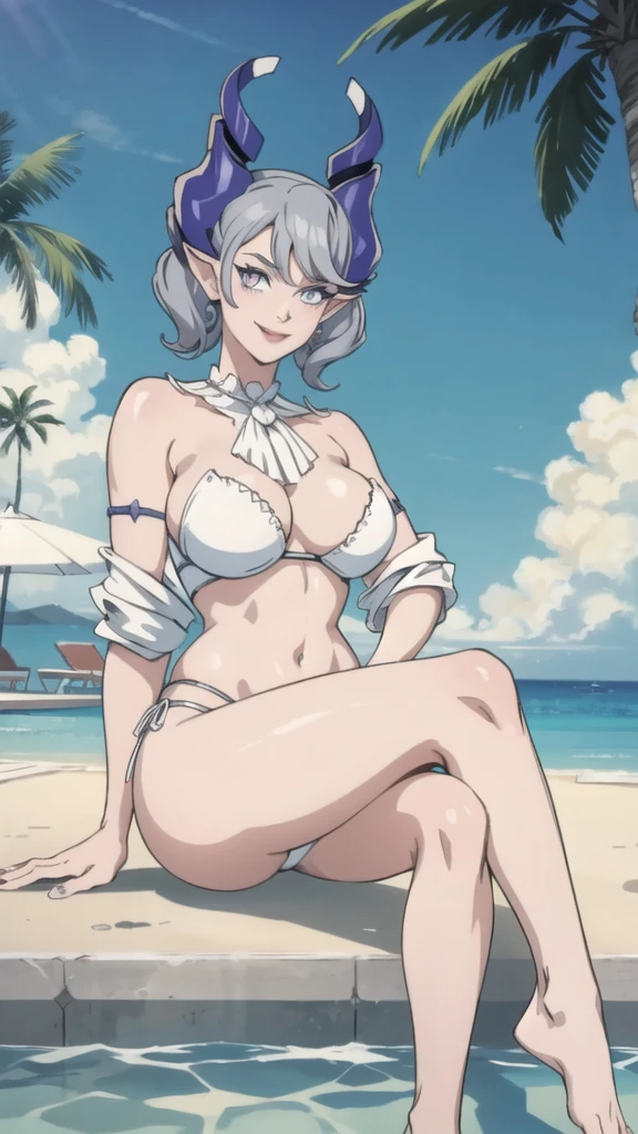 High level image quality best image quality 8K adult woman pool party sunset palm trees whole body view portrait bikini horn ears short hair((shortcut)(gray hair)(perm)(fluffy)) eye color is blue , attractive evil face , smile , sexy pose , labrynth , barearm , wearing white shirt , sitting , crossed leg style in detailed , view foot arc , view from left